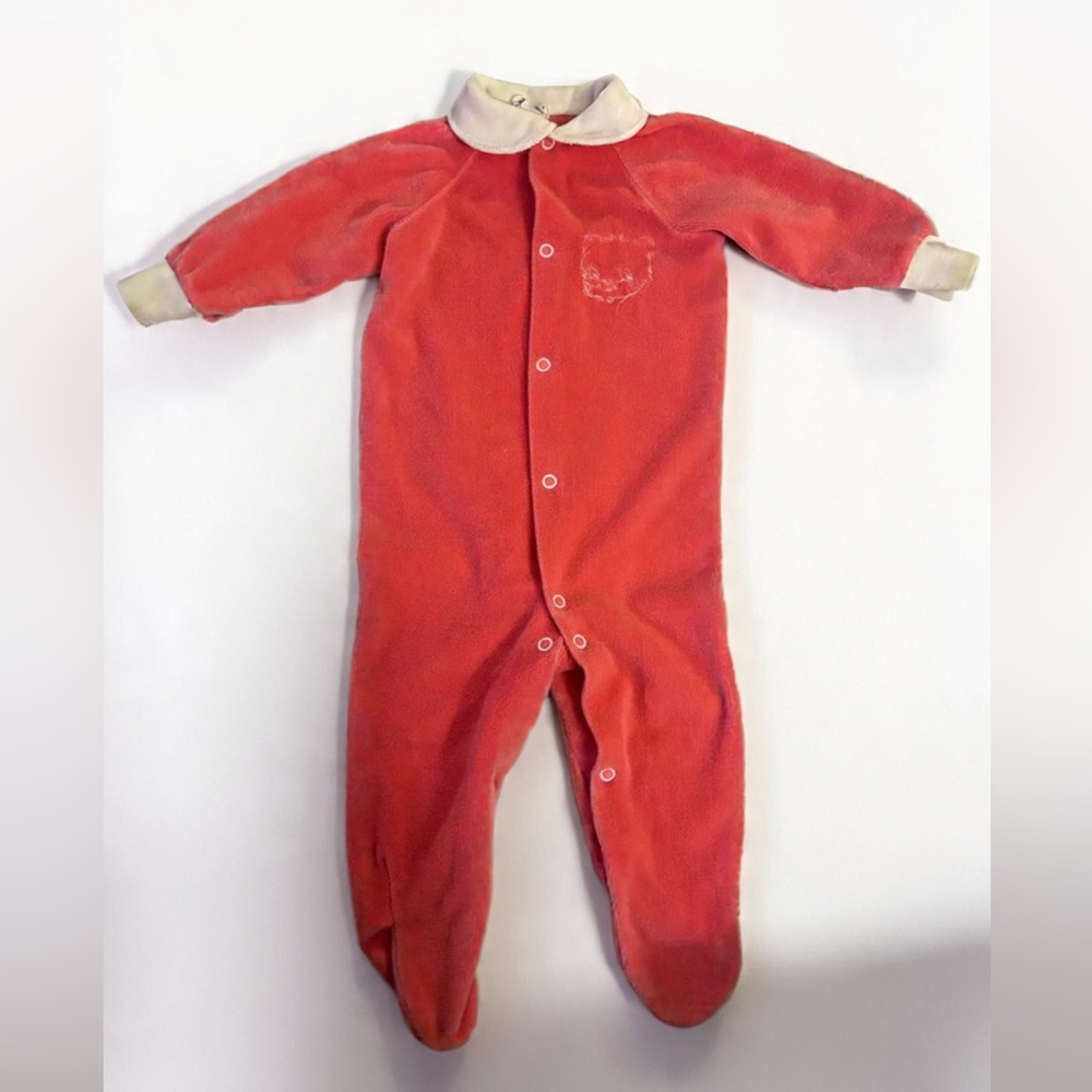 Vintage Snugabye Baby Sleeper – Pink Velour With Cat Detail